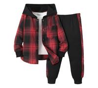 Generisch Toddler Boys Girls Long Sleeve Patchwork Plaid Prints T-Shirt with Hood Tops Trousers Outfits, red, 34 Jahre
