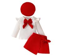 Generisch Tracksuit Children's Jogging Suit Set Girls Sports Suit Toddler Girls Big Bow Beret Hat Long Sleeve Top Fleece Skirt / Winter Three Piece Set, RD1, 3-4 Jahre