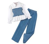 Generisch Tracksuit Girls Kids Jogging Suit Sports Suit Set Girls Fashion Denim Shirt Splicing Long Sleeve Top Solid Colour Casual Wide Leg Trousers, blue, 8-9 Jahre