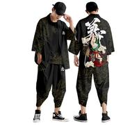 Generisch Traditional Kimono Set Men's Short Sleeve Shirt and Trousers Jogging Suit Cardigan Shirts Two Piece Japanese Printed Knitted Shirt Leisure Suit, 02 black, L