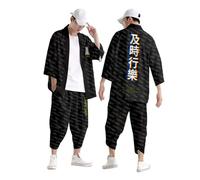 Generisch Traditional Kimono Set Men's Short Sleeve Shirt and Trousers Jogging Suit Cardigan Shirts Two Piece Japanese Printed Knitted Shirt Leisure Suit, black, L