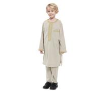 Generisch Traditional Muslim Boys Costume with Crew Neck, Long Sleeve Design for Teenagers, Embroidered Robe as Arabic National Gown (Beige, 13-14 Years)