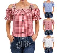 Generisch Traditional Shirt Women's Short Sleeve Checked Shoulderless Top Women's Simple and Elegant Costume Blouse Puff Sleeves with Buttons Costume Blouses for Oktoberfest Bavarian Beer Festival