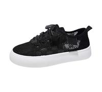 Generisch Trainers Women's Summer Embroidery Lace Plimsolls Trainers Lace Mesh Sneakers Platform White Sneakers Bridal Shoes Flat Leather Shoes Low Shaft Sports Shoes, black, 6 UK