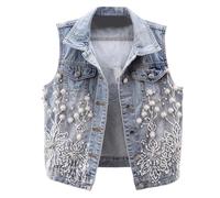Generisch Transition Jacket Women's Spring Jacket Embroidered Denim Vest for Women - High Quality Floral Pattern Sewing Sleeveless Front Set Versatile for Everyday Office Holiday, blue, S