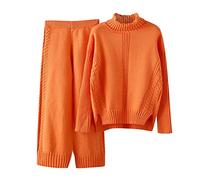 Generisch Trouser Suits for Women Elegant Knitted Suit Pullover Sets Two Piece Lounge Set Plain High Neck Knitted Jumper and Wide Leg Knitted Trousers Autumn Winter Loose Thick Leisure Suit, orange