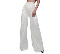 Generisch Tummy Control Pants Women Casual Sequin Pants Glitter Sequins High Waist Wide Leg Flared Pants Nightclub Clothing Pants Women Wide Crotch, White, S