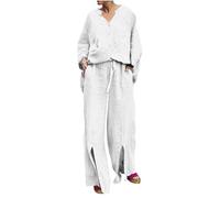 Generisch Two-piece linen outfit, autumn, V-neck blouse and trousers with pockets and drawstring, plain cotton linen, lightweight, comfortable leisure suit, outdoor running trousers, casual loungewear