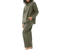 Generisch Two Piece Set Pure Colored Linen Cotton Long Sleeve Shirt with Pocket Relaxed Fit with Straight Trousers Sports Gear Women Fitness, Green, M