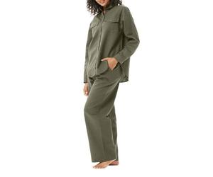 Generisch Two Piece Set Pure Colored Linen Cotton Long Sleeve Shirt with Pocket Relaxed Fit with Straight Trousers Sports Gear Women Fitness, Green, M