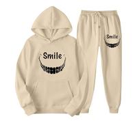 Generisch Unisex Jogging Suit with Smile Graphic Print - 2 Piece Set with Hoodie and Trousers for a Striking Streetwear Look, style_a01 beige, L