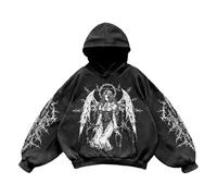 Generisch Unisex Oversized Hoodie with Fallen Angel Graphic - Gothic Style Hoodie with Wings Print | Washed Streetwear Pullover, style_w01 black, L
