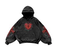 Generisch Unisex Oversized Hoodie with Holy Heart Motif - Gothic Style Thorn Print Hoodie | Washed Streetwear Pullover, style_y01 black, M