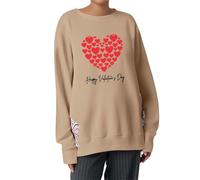 Generisch Valentine's Day Floral Print Side Embroidery Bow Round Neck Long Sleeve Hoodie for Women Office Clothing Women, khaki, XXL