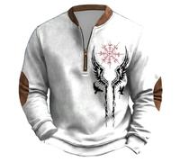 Generisch Viking Pullover Men's Half Zip Sweatshirt Nordic Mythology Viking Tattoos Hoodie Gothic Medieval Vintage Plus Size Streetwear Without Hood for Outdoor and Hiking in Winter, White, 5XL