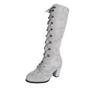 Generisch Vintage Medieval Boots with High Heels, Women's Boots, Renaissance, Medieval Cosplay Boots, Retro High Knee-Length Lace-Up Boots, Festival Shoes for Cosplay, gray, 5.5 UK