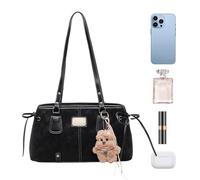 Generisch Vintage PU Leather Handbag Shoulder Bag with Plush Pendant | Fashionable shoulder bag for school, work, shopping, everyday daily commuting, weekend and excursions, travel, girls and