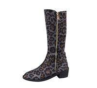 Generisch Wellington Boots Women's Lace-Up Boots Women's Vintage Leopard Print Side Zip Thick Heel Long Boots Women's Boots with Heel Casual, gray, 6 UK