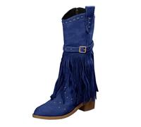 Generisch Western Boots Women's Leather, Wide Calf Cowboy Boots, Women's Non-Slip Calf Boots, Cowboy Belt Buckle, Middle Wedge Heel, Spring, Large Size, Tassel Block Heel Shoes, Slip-On Boots, blue, 8