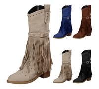 Generisch Western Boots Women's Leather, Wide Calf Cowboy Boots, Women's Non-Slip Calf Boots, Cowboy Belt Buckle, Middle Wedge Heel, Spring, Large Size, Tassel Block Heel Shoes, Slip-On Boots, beige