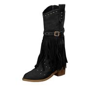 Generisch Western Boots Women's Leather, Wide Calf Cowboy Boots, Women's Non-Slip Calf Boots, Cowboy Belt Buckle, Middle Wedge Heel, Spring, Large Size, Tassel Block Heel Shoes, Slip-On Boots, black