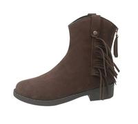 Generisch Western Boots Women's Short Slip-On Ankle Boots Women's Flat Non-Slip Block Heel with Fringes Large Ankle Boots with Round Shoes Wide Shaft Boots with Heel Waterproof, coffee, 2/2.5 UK