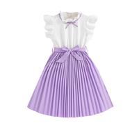 Generisch White Dress Children's Princess Dress with Flutter Sleeves and Colour Block for Girls, Pleated Skirt in Korean Style for Spring and Summer (Purple, 8-9 Years)