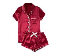 Generisch White Two-Piece Women's Silk Satin with Short Sleeves and Button Placket, Sleepwear, Christmas Pyjamas, red, XXS