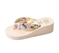 generisch White Women's Shoes Bronzing Printing Satin Sandals Beach Slope Heel Slippers Outdoor Wedge Heel Flip Flops for Women Business Shoes Women Black Flat, beige, 7 UK