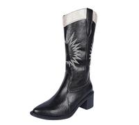 Generisch Wide Calf Boots for Women, Plus Size, Women's Mid-Calf Winter Boots, Plain Block Heel, Women's Boots, Non-Slip, Embroidered Leather Ankle Boots, black, 7 UK