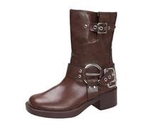 Generisch Winter Boots for Women, Women's Winter Thick Sole British Cowboy Boots, Plain Block Heel, Belt Buckle Mid Calf Boots, Patent Overknees, Mid Women's Boots, brown, 7 UK