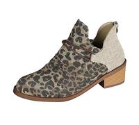 Generisch Winter Boots Women's Shoes Retro Leopard Print Patchwork Canvas Back Zip Thick Heel Short Boots, brown, 9 UK