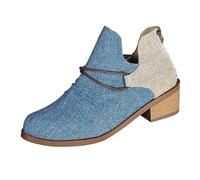 Generisch Winter Boots Women's Shoes Retro Leopard Print Patchwork Canvas Back Zip Thick Heel Short Boots, blue, 9 UK