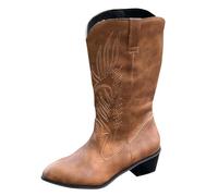 Generisch Winter Boots Women's Wide Shaft Boots Chunky Heel Snip Toe Women's Boots Long Boots Suede High Boots Cowboy Boots Slip On Boots Mid Calf Cowboy Boots, brown, 10 UK