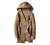 Generisch Winter Jacket Men's Fleece Jacket Sweatshirt Men's Medium Length Cardigan with Hood Thick Pullover with Horn Button Large Size Casual Coat, khaki, XXL