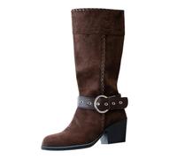 Generisch Winter Shoes Women's Warm Boots Foreign Trade Plus Size Comfortable Indoor Retro Brown Western Boots with Thick Heel and Wide Heel Platform Women, coffee, 4 UK