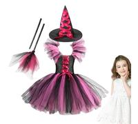 Generisch Witch costume for children, witch costume for girls, costume tutu dress, witch dress, dress up as a Halloween costume with witch hat and broom for girls