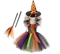 Generisch Witch costume for children, witch costume for girls, costume tutu dress, witch dress, dress up as a Halloween costume with a witch hat broom for a role play party