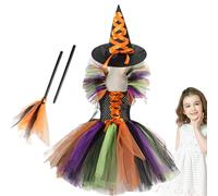Generisch Witch Costume for Girls, Witch Halloween Costume for Children, Witch Dress Costume - Dress Up as a Halloween Costume with Witch Hat and Broom for Girls