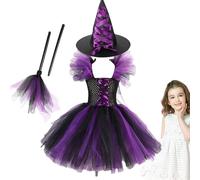 Generisch Witch Costume for Girls, Witch Halloween Costume for Children, Witch Dress, Tutu Dress, Tulle Dress with Witch Hat and Broom, Halloween Costume for Girls