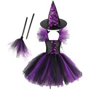 Generisch Witch Halloween Costume for Children, Witch Costume for Children, Tutu Dress, Witch Dress Outfit, Tulle Dress with Witch Hat and Broom, Halloween Costume for Girls