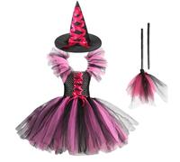 Generisch Witch Halloween Costume for Children, Witch Costume for Children, Witch Dress Costume, Dress Up as a Halloween Costume with Witch Hat and Broom for Girls
