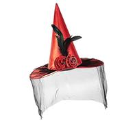 Generisch Witch Hat, Witch Hat with Wide Brim, Half Veil and Flower, Portable Halloween Costume Accessory for Women, Carnival, Fantasy Festival