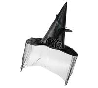 Generisch Witch Hat, Witch Hat with Wide Brim, Half Veil and Flower, Portable Halloween Costume Accessory for Women, Carnival, Fantasy Festival