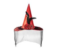 Generisch Witch Hat - Witch Hat with Wide Brim Half Veil and Flower, Portable Halloween Costume Accessory for Women Carnival Fantasy Festival