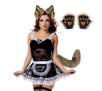 Generisch Wolf Costume Set for Women, Tail with Clip, Ear Clips and Gloves Made of Faux , Simple Halloween Cosplay Outfit for Carnival, Anime, Cosplay, Party and Stage