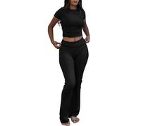 Generisch Women 2 Piece Outfits Slim Short Sleeve Tops Flared Leggings Yoga Tracksuit, black, M