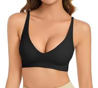 Generisch Women Bra Without Underwire V Neck Comfortable Soft Bra Push Up Seamless Bra Lightly Padded Breasts for Comfortable Feeling Bralette for Women, black, M
