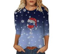 Generisch Women Casual Tops Three-Quarter Sleeve Round Neck Christmas Print Loose Tunic Top Summer Cardigan, blue, XL