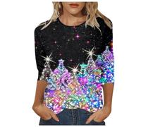 Generisch Women Christmas Tree Sequin Print Quarter Sleeve Fashion Crew Neck Womens Batwing Sleeve Tops, black, XL